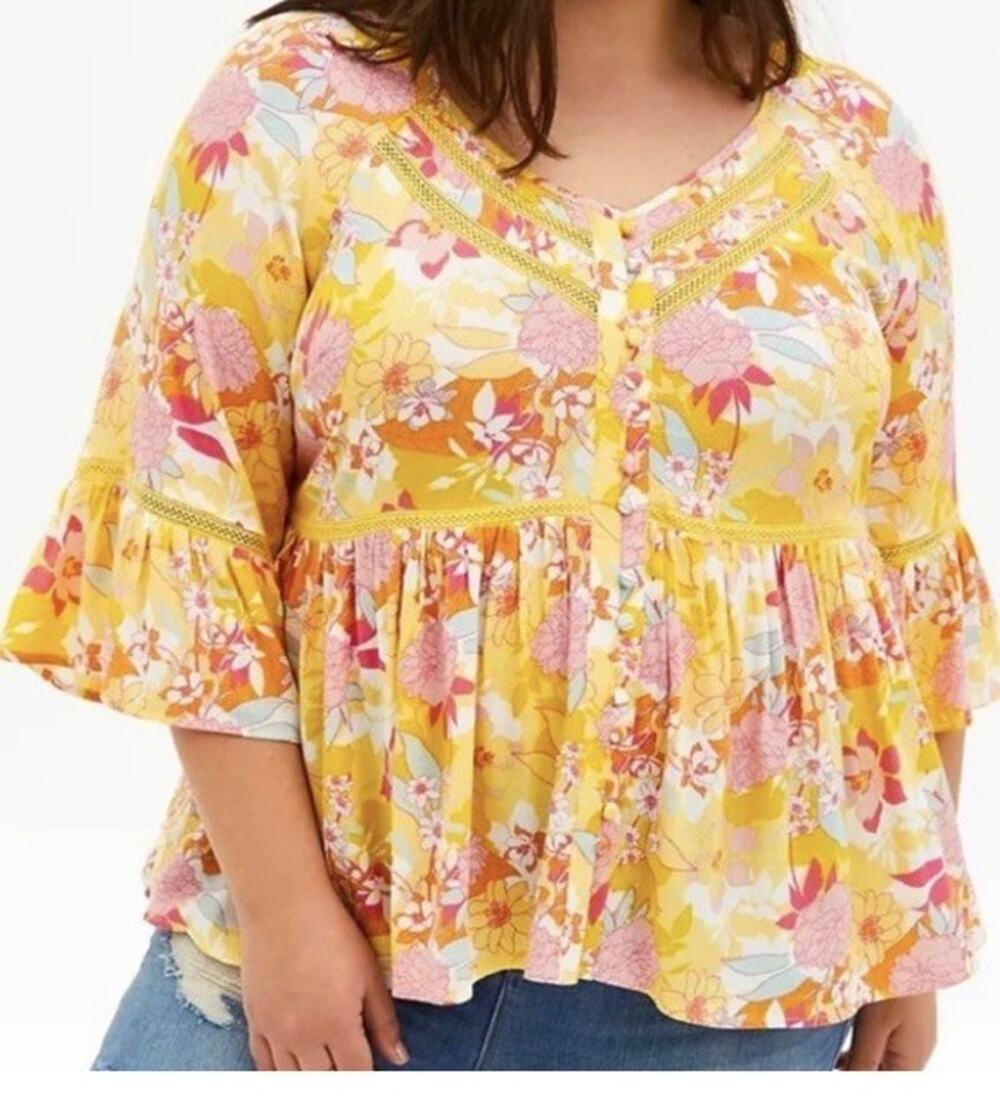 TORRID Yellow Floral Babydoll Tunic Top Sz 4 Deep V Neck Bell sleeve Peasant